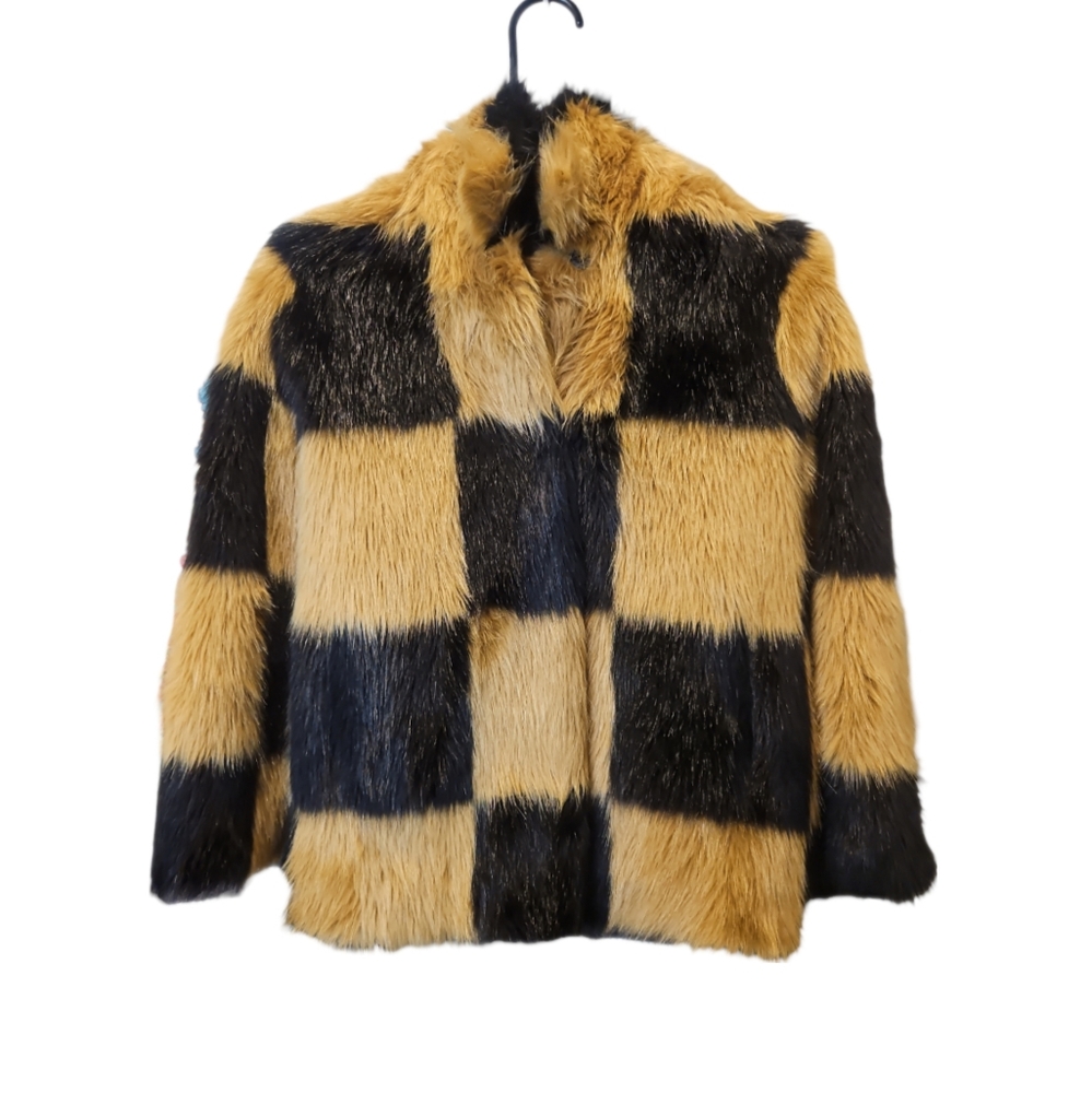 STAND STUDIO | Nani Faux Fur Checkerboard Coat Girls 10Y Black Tan